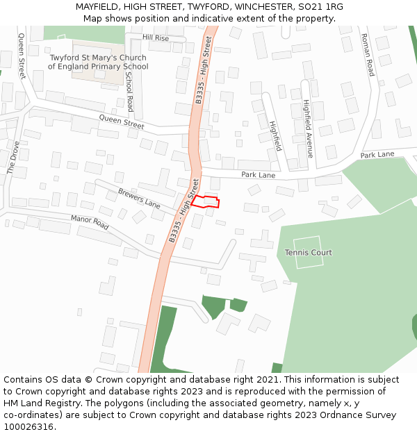 MAYFIELD, HIGH STREET, TWYFORD, WINCHESTER, SO21 1RG: Location map and indicative extent of plot