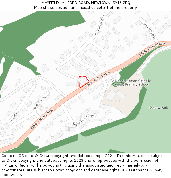 MAYFIELD, MILFORD ROAD, NEWTOWN, SY16 2EQ: Location map and indicative extent of plot