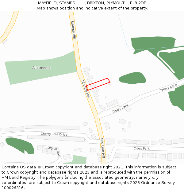 MAYFIELD, STAMPS HILL, BRIXTON, PLYMOUTH, PL8 2DB: Location map and indicative extent of plot