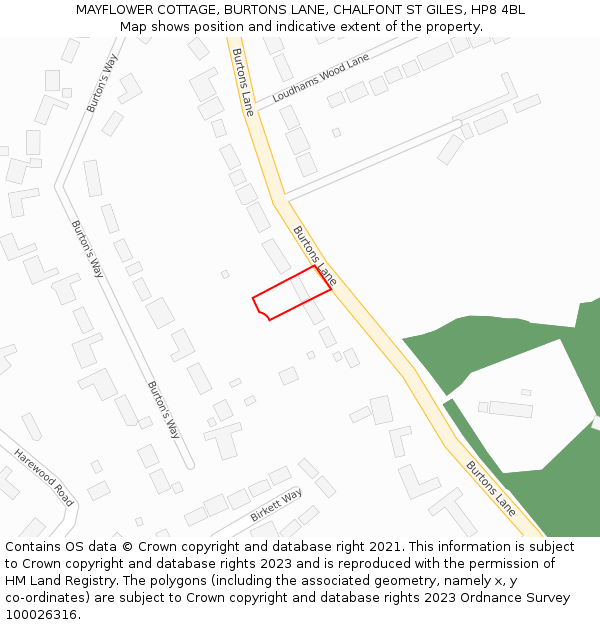 MAYFLOWER COTTAGE, BURTONS LANE, CHALFONT ST GILES, HP8 4BL: Location map and indicative extent of plot