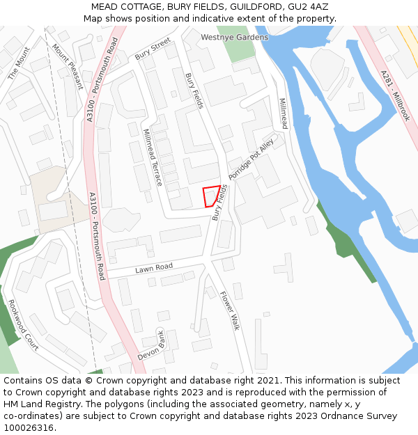 MEAD COTTAGE, BURY FIELDS, GUILDFORD, GU2 4AZ: Location map and indicative extent of plot