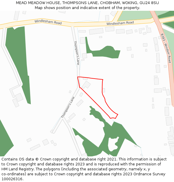 MEAD MEADOW HOUSE, THOMPSONS LANE, CHOBHAM, WOKING, GU24 8SU: Location map and indicative extent of plot