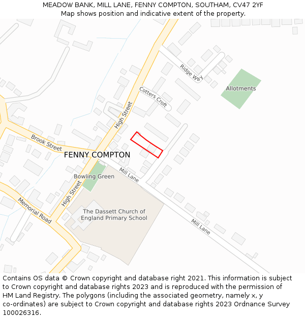 MEADOW BANK, MILL LANE, FENNY COMPTON, SOUTHAM, CV47 2YF: Location map and indicative extent of plot