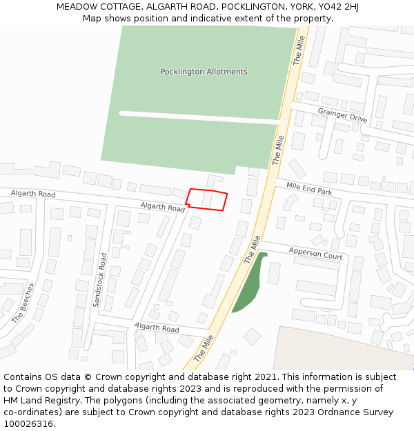 MEADOW COTTAGE, ALGARTH ROAD, POCKLINGTON, YORK, YO42 2HJ: Location map and indicative extent of plot