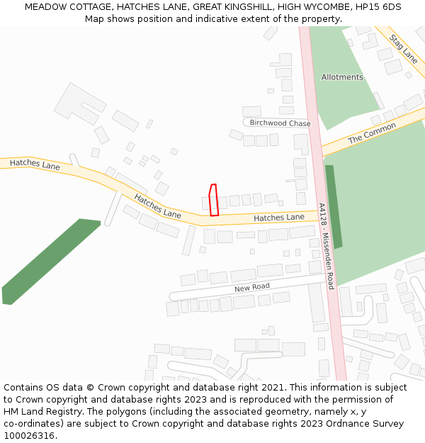 MEADOW COTTAGE, HATCHES LANE, GREAT KINGSHILL, HIGH WYCOMBE, HP15 6DS: Location map and indicative extent of plot