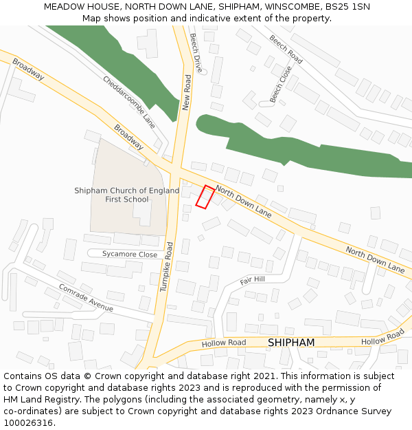 MEADOW HOUSE, NORTH DOWN LANE, SHIPHAM, WINSCOMBE, BS25 1SN: Location map and indicative extent of plot