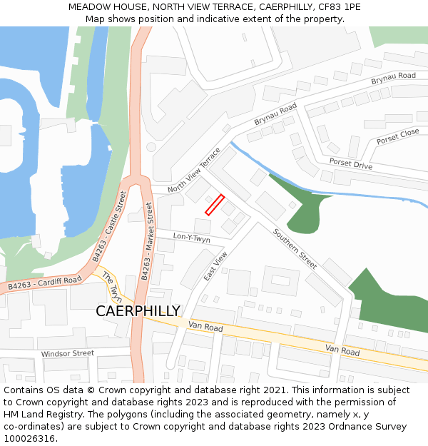 MEADOW HOUSE, NORTH VIEW TERRACE, CAERPHILLY, CF83 1PE: Location map and indicative extent of plot