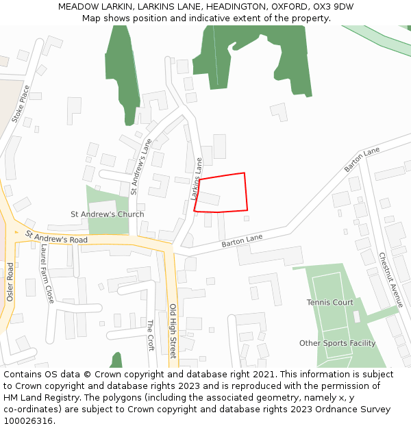 MEADOW LARKIN, LARKINS LANE, HEADINGTON, OXFORD, OX3 9DW: Location map and indicative extent of plot