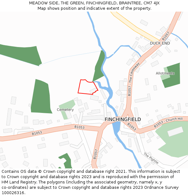 MEADOW SIDE, THE GREEN, FINCHINGFIELD, BRAINTREE, CM7 4JX: Location map and indicative extent of plot