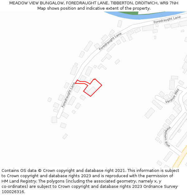 MEADOW VIEW BUNGALOW, FOREDRAUGHT LANE, TIBBERTON, DROITWICH, WR9 7NH: Location map and indicative extent of plot