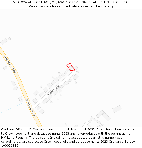 MEADOW VIEW COTTAGE, 21, ASPEN GROVE, SAUGHALL, CHESTER, CH1 6AL: Location map and indicative extent of plot