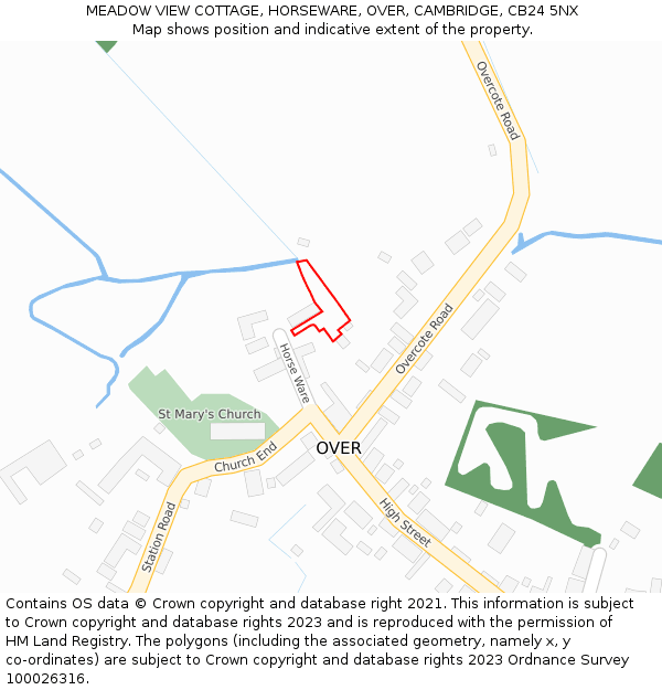 MEADOW VIEW COTTAGE, HORSEWARE, OVER, CAMBRIDGE, CB24 5NX: Location map and indicative extent of plot
