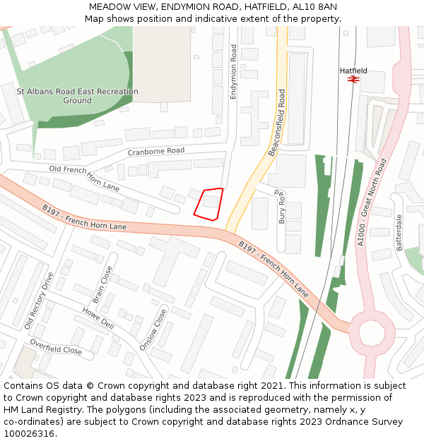 MEADOW VIEW, ENDYMION ROAD, HATFIELD, AL10 8AN: Location map and indicative extent of plot
