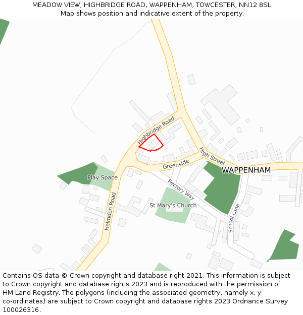 MEADOW VIEW, HIGHBRIDGE ROAD, WAPPENHAM, TOWCESTER, NN12 8SL: Location map and indicative extent of plot