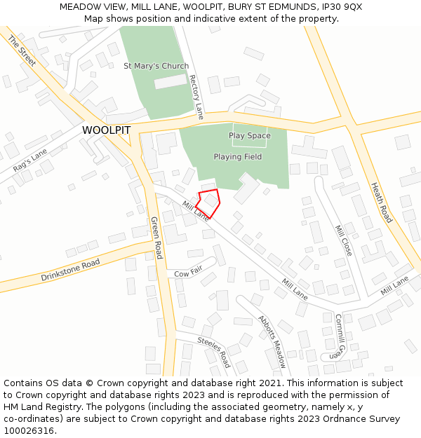 MEADOW VIEW, MILL LANE, WOOLPIT, BURY ST EDMUNDS, IP30 9QX: Location map and indicative extent of plot