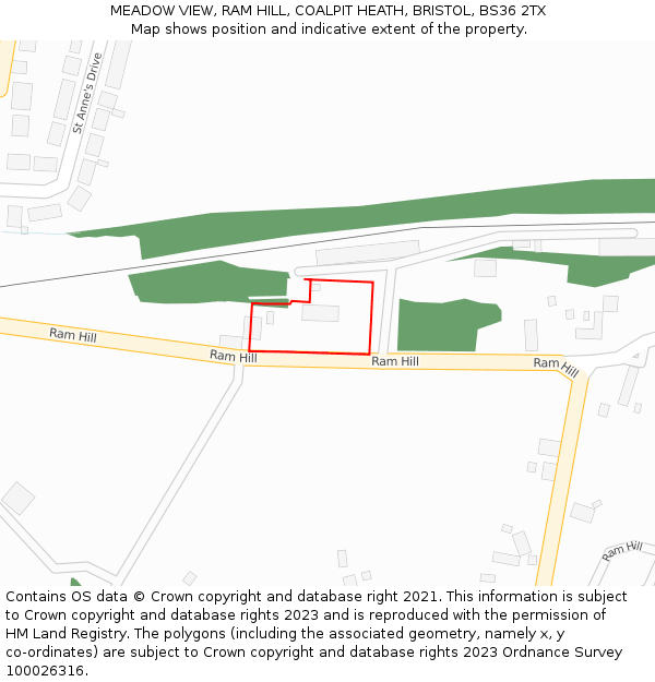 MEADOW VIEW, RAM HILL, COALPIT HEATH, BRISTOL, BS36 2TX: Location map and indicative extent of plot