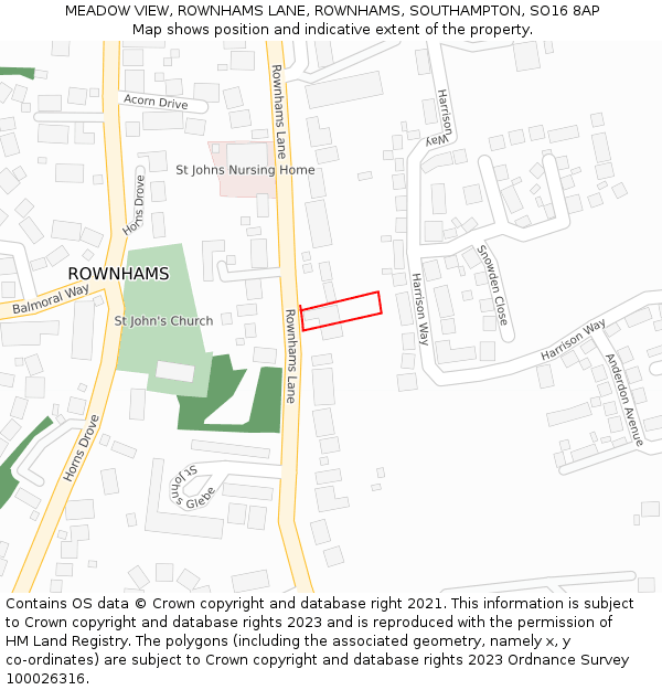 MEADOW VIEW, ROWNHAMS LANE, ROWNHAMS, SOUTHAMPTON, SO16 8AP: Location map and indicative extent of plot