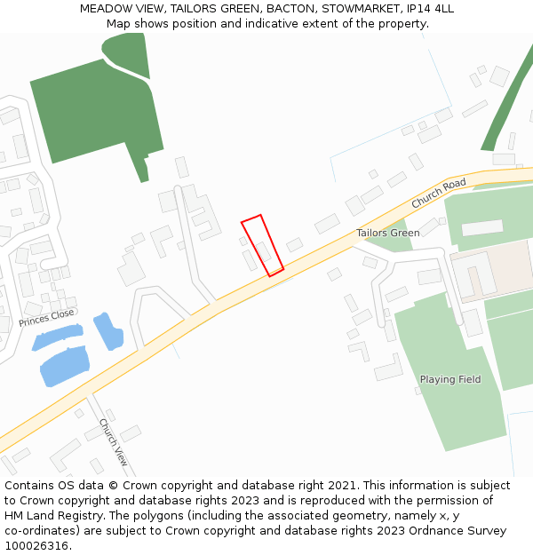 MEADOW VIEW, TAILORS GREEN, BACTON, STOWMARKET, IP14 4LL: Location map and indicative extent of plot