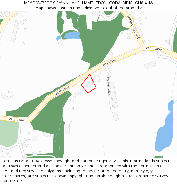 MEADOWBROOK, VANN LANE, HAMBLEDON, GODALMING, GU8 4HW: Location map and indicative extent of plot