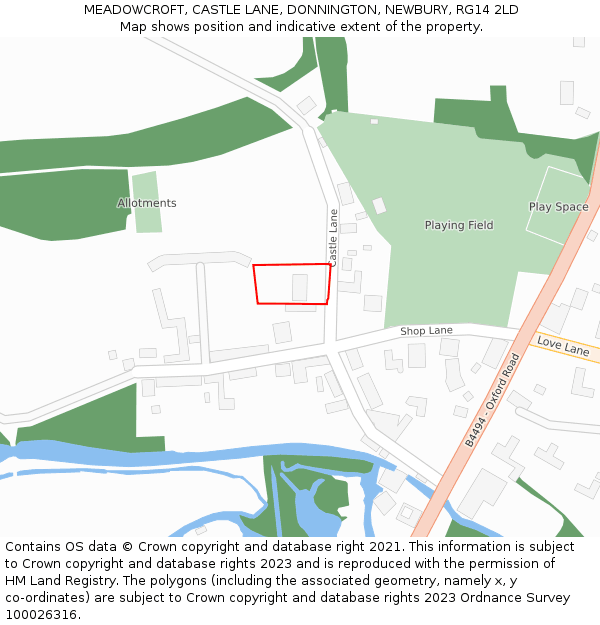 MEADOWCROFT, CASTLE LANE, DONNINGTON, NEWBURY, RG14 2LD: Location map and indicative extent of plot