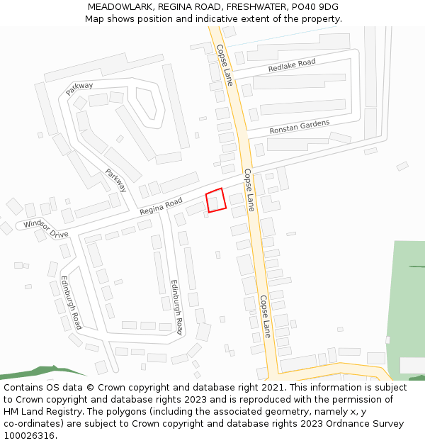 MEADOWLARK, REGINA ROAD, FRESHWATER, PO40 9DG: Location map and indicative extent of plot