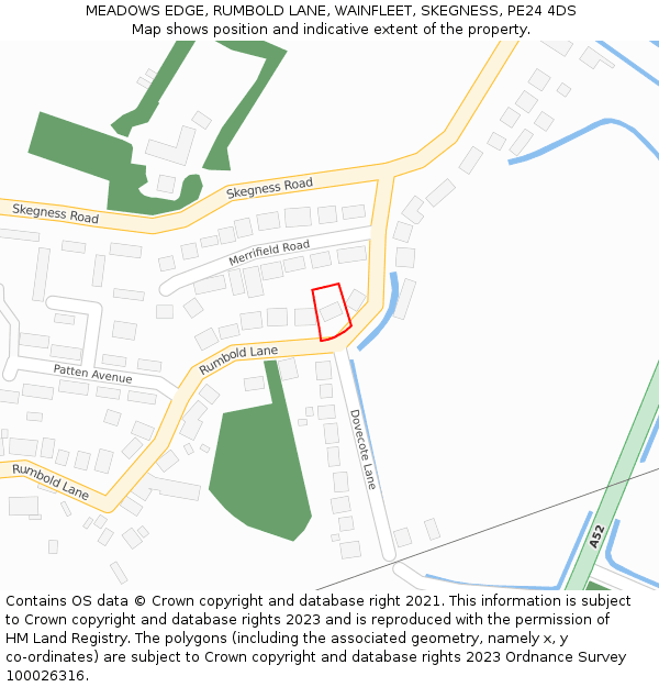 MEADOWS EDGE, RUMBOLD LANE, WAINFLEET, SKEGNESS, PE24 4DS: Location map and indicative extent of plot