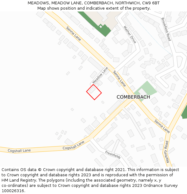 MEADOWS, MEADOW LANE, COMBERBACH, NORTHWICH, CW9 6BT: Location map and indicative extent of plot