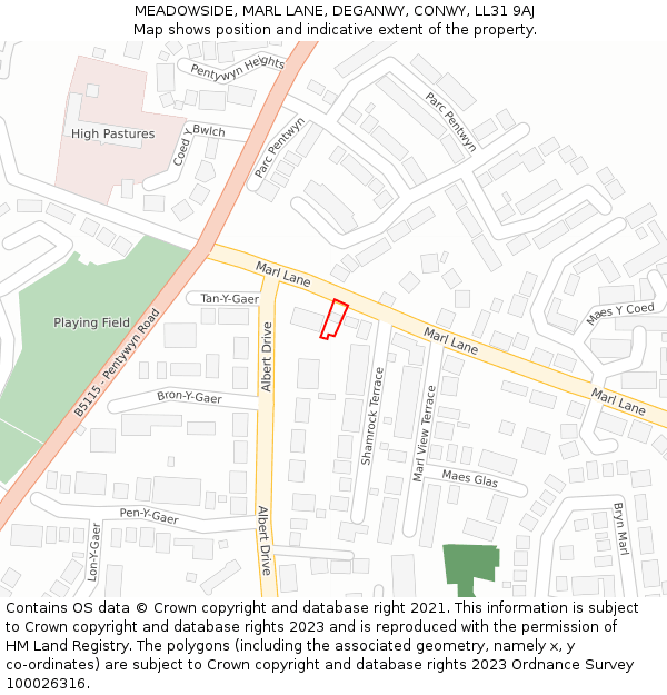 MEADOWSIDE, MARL LANE, DEGANWY, CONWY, LL31 9AJ: Location map and indicative extent of plot