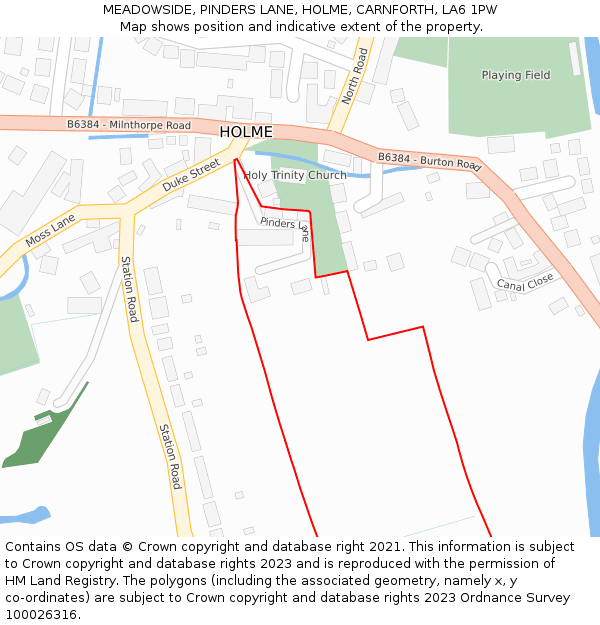 MEADOWSIDE, PINDERS LANE, HOLME, CARNFORTH, LA6 1PW: Location map and indicative extent of plot