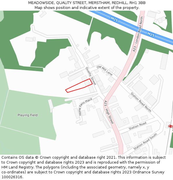 MEADOWSIDE, QUALITY STREET, MERSTHAM, REDHILL, RH1 3BB: Location map and indicative extent of plot