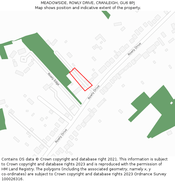 MEADOWSIDE, ROWLY DRIVE, CRANLEIGH, GU6 8PJ: Location map and indicative extent of plot