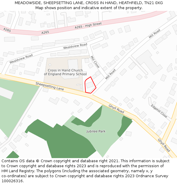 MEADOWSIDE, SHEEPSETTING LANE, CROSS IN HAND, HEATHFIELD, TN21 0XG: Location map and indicative extent of plot