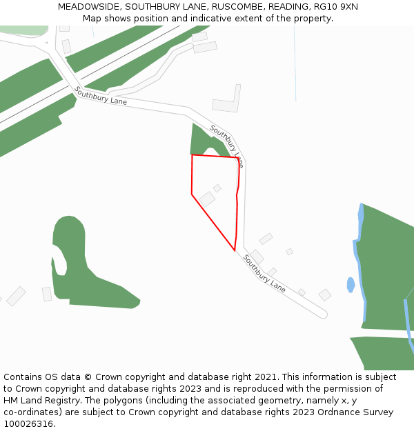 MEADOWSIDE, SOUTHBURY LANE, RUSCOMBE, READING, RG10 9XN: Location map and indicative extent of plot