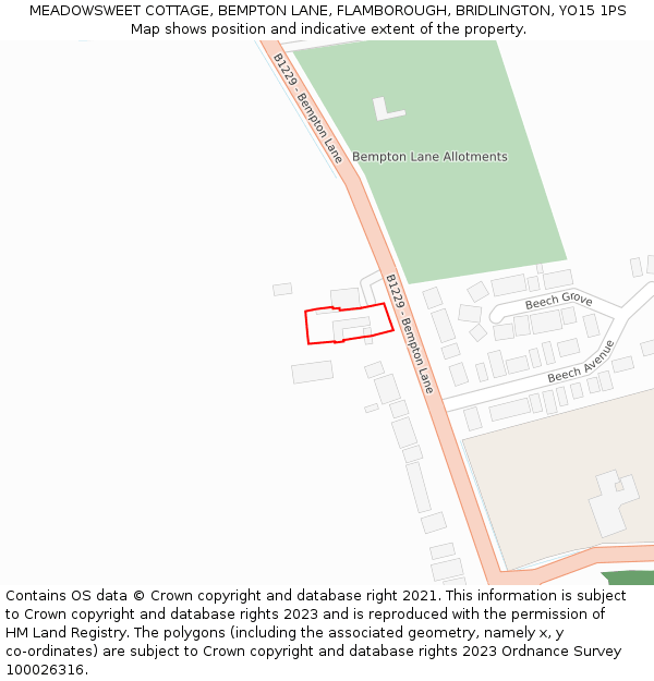 MEADOWSWEET COTTAGE, BEMPTON LANE, FLAMBOROUGH, BRIDLINGTON, YO15 1PS: Location map and indicative extent of plot