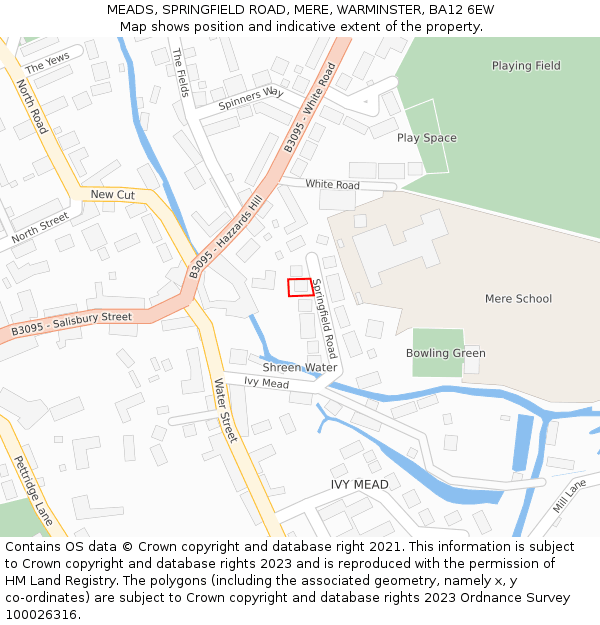 MEADS, SPRINGFIELD ROAD, MERE, WARMINSTER, BA12 6EW: Location map and indicative extent of plot