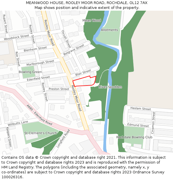 MEANWOOD HOUSE, ROOLEY MOOR ROAD, ROCHDALE, OL12 7AX: Location map and indicative extent of plot