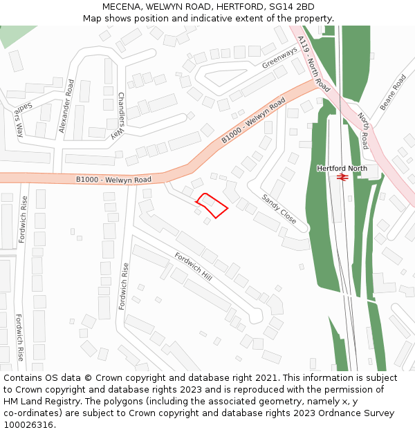 MECENA, WELWYN ROAD, HERTFORD, SG14 2BD: Location map and indicative extent of plot