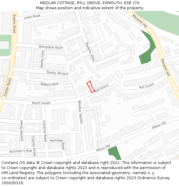 MEDLAR COTTAGE, RYLL GROVE, EXMOUTH, EX8 1TX: Location map and indicative extent of plot
