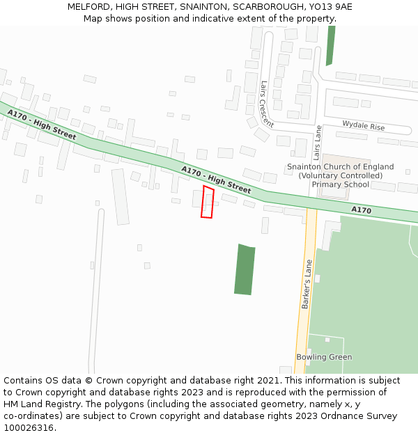 MELFORD, HIGH STREET, SNAINTON, SCARBOROUGH, YO13 9AE: Location map and indicative extent of plot