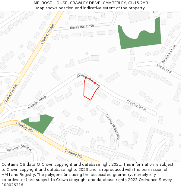 MELROSE HOUSE, CRAWLEY DRIVE, CAMBERLEY, GU15 2AB: Location map and indicative extent of plot