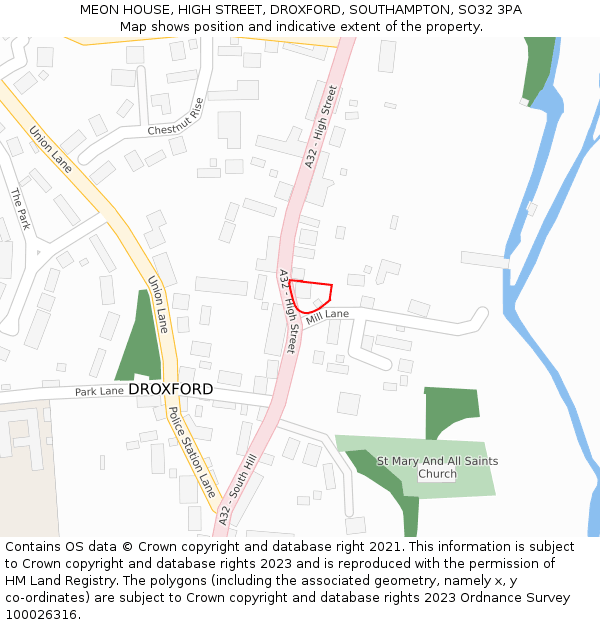 MEON HOUSE, HIGH STREET, DROXFORD, SOUTHAMPTON, SO32 3PA: Location map and indicative extent of plot