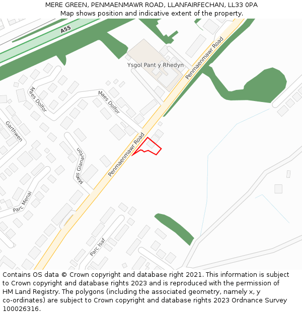 MERE GREEN, PENMAENMAWR ROAD, LLANFAIRFECHAN, LL33 0PA: Location map and indicative extent of plot
