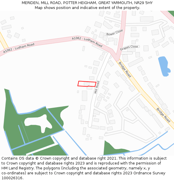 MERIDEN, MILL ROAD, POTTER HEIGHAM, GREAT YARMOUTH, NR29 5HY: Location map and indicative extent of plot