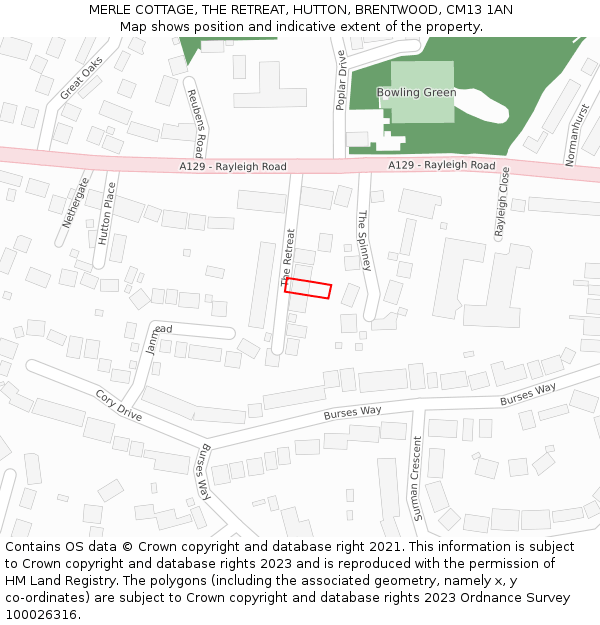MERLE COTTAGE, THE RETREAT, HUTTON, BRENTWOOD, CM13 1AN: Location map and indicative extent of plot
