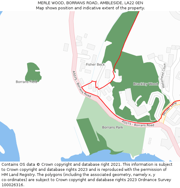 MERLE WOOD, BORRANS ROAD, AMBLESIDE, LA22 0EN: Location map and indicative extent of plot