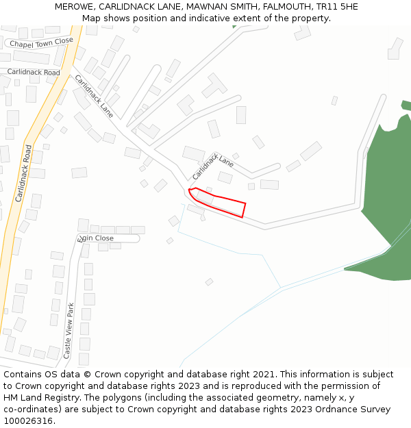 MEROWE, CARLIDNACK LANE, MAWNAN SMITH, FALMOUTH, TR11 5HE: Location map and indicative extent of plot