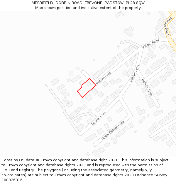 MERRIFIELD, DOBBIN ROAD, TREVONE, PADSTOW, PL28 8QW: Location map and indicative extent of plot
