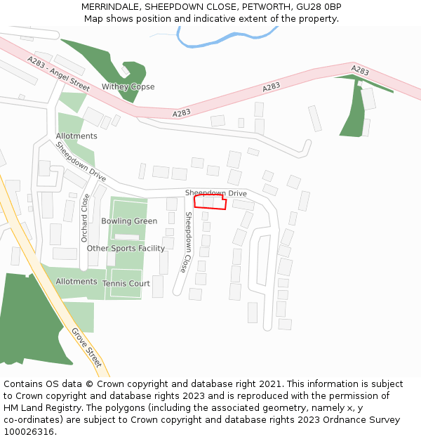 MERRINDALE, SHEEPDOWN CLOSE, PETWORTH, GU28 0BP: Location map and indicative extent of plot