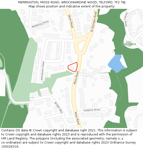 MERRINGTON, MOSS ROAD, WROCKWARDINE WOOD, TELFORD, TF2 7BJ: Location map and indicative extent of plot