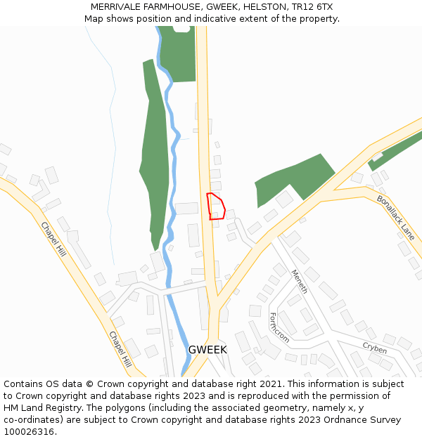 MERRIVALE FARMHOUSE, GWEEK, HELSTON, TR12 6TX: Location map and indicative extent of plot